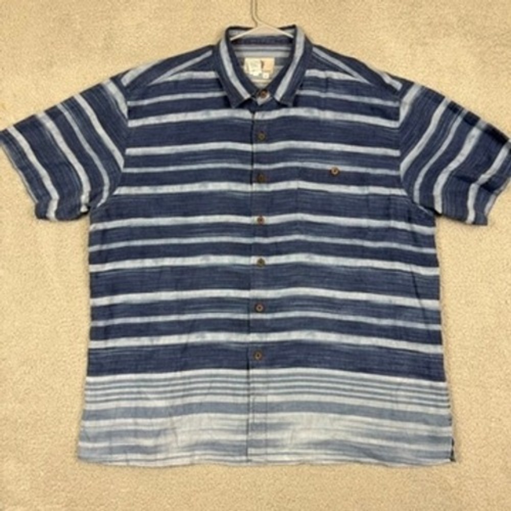 The Territory Ahead 2XL Linen Stripe Short Sleeve‎ Button Up Shirt Blue White